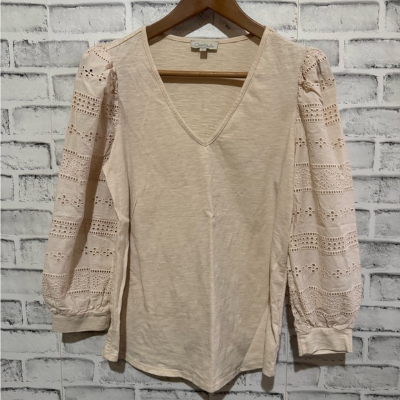 Chenault Tops - Women’s Chenault peachy cream colored eyehole puff sleeve shirt Small